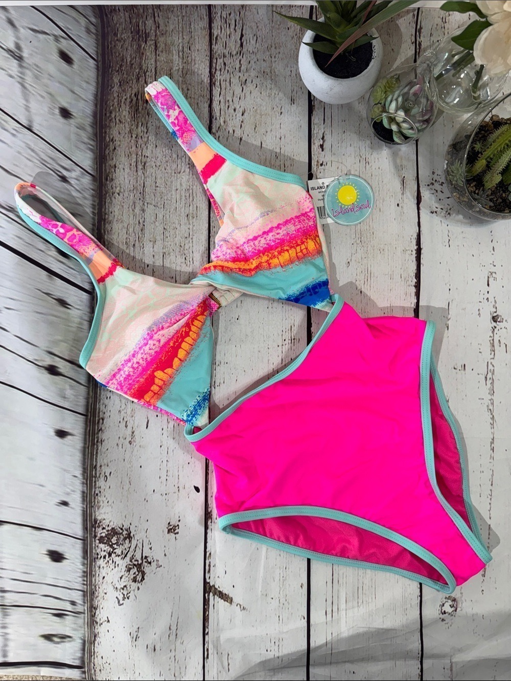 Island Soul One-Piece Monokini - Neon Pink & Multicolor Print Small